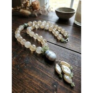 David Aubrey Statement Necklace Agate Pearl Rutilated Quartz Beads Boho Romantic